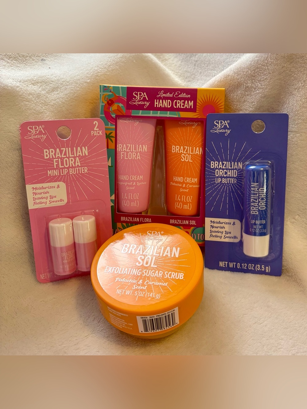 Brazilian Sol & Flora Hand Cream Set, Sugar Scrub & Reg. & Mini Lip Balm